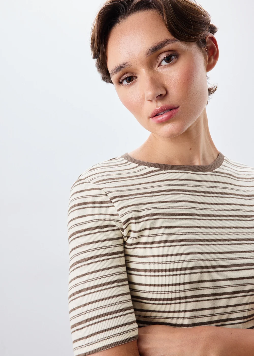 Cream Brown Stripe Ribbed Fitted T-Shirt - 10 Image 4