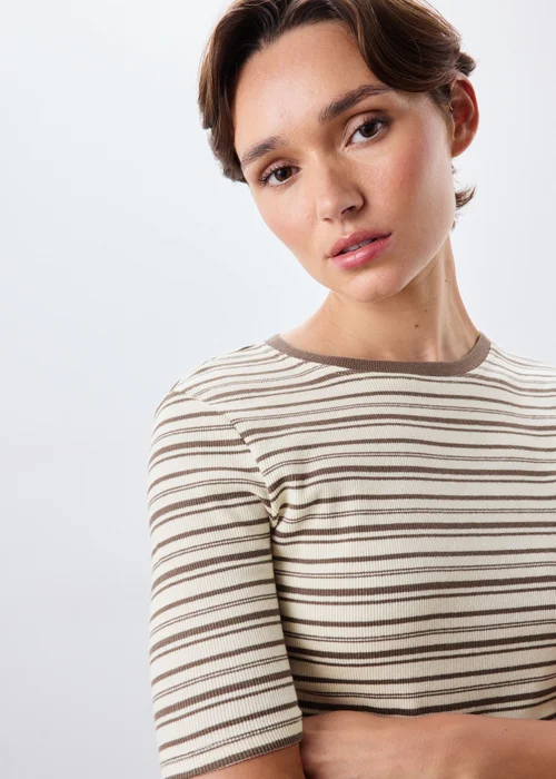 Cream Brown Stripe Ribbed Fitted T-Shirt - 10 Image 4