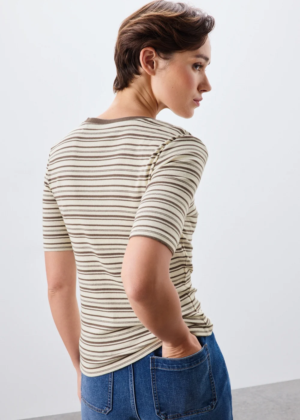Cream Brown Stripe Ribbed Fitted T-Shirt - 10 Image 3
