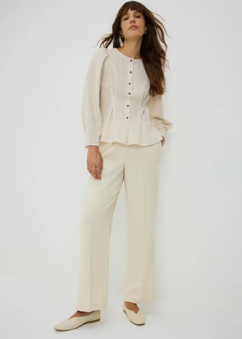 Cream Textured Woven Wide Leg Trousers - 18/L29 Image 1