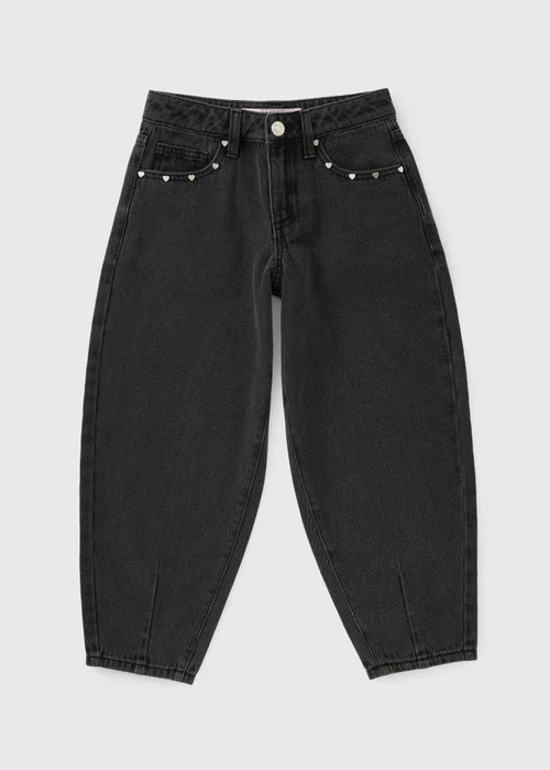 Girls Black Stud Detail Barrel Leg Jeans (7-15yrs) - 7 Yrs Image 1