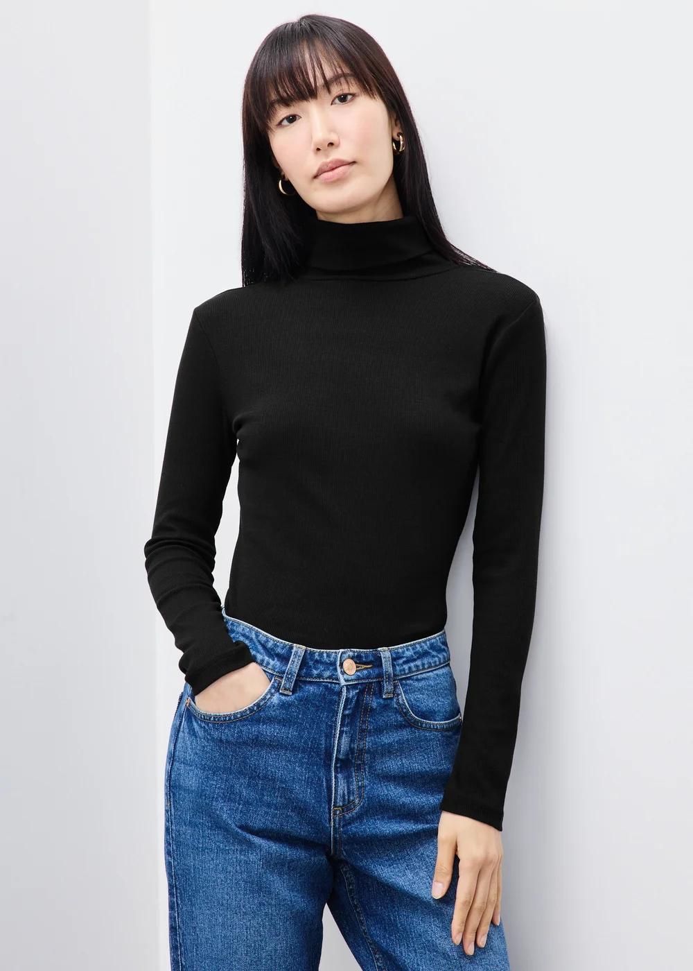 Black Ribbed Roll Neck Top - 8 Image 1