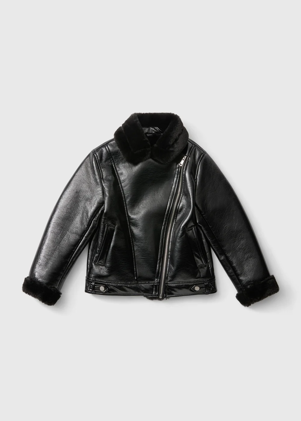 Girls Black Faux Leather Aviator Jacket (7-15 Yrs) - 7 Yrs Image 1