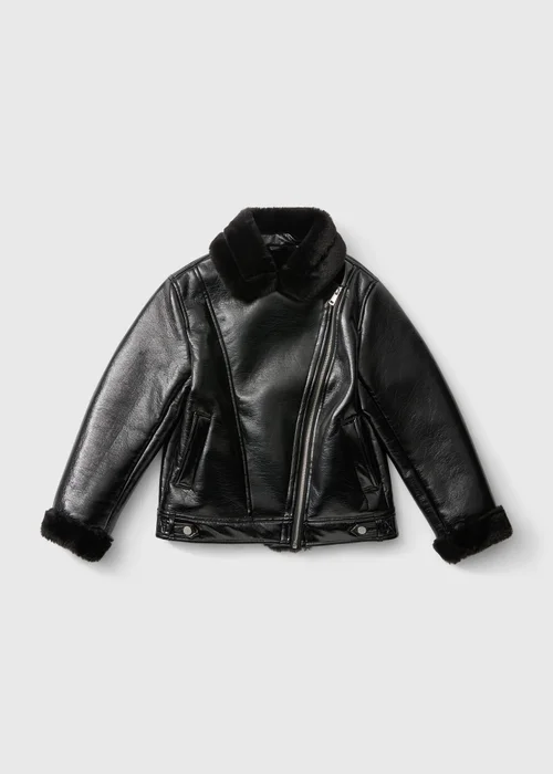 Girls Black Faux Leather Aviator Jacket (7-15 Yrs) - 7 Yrs Image 1