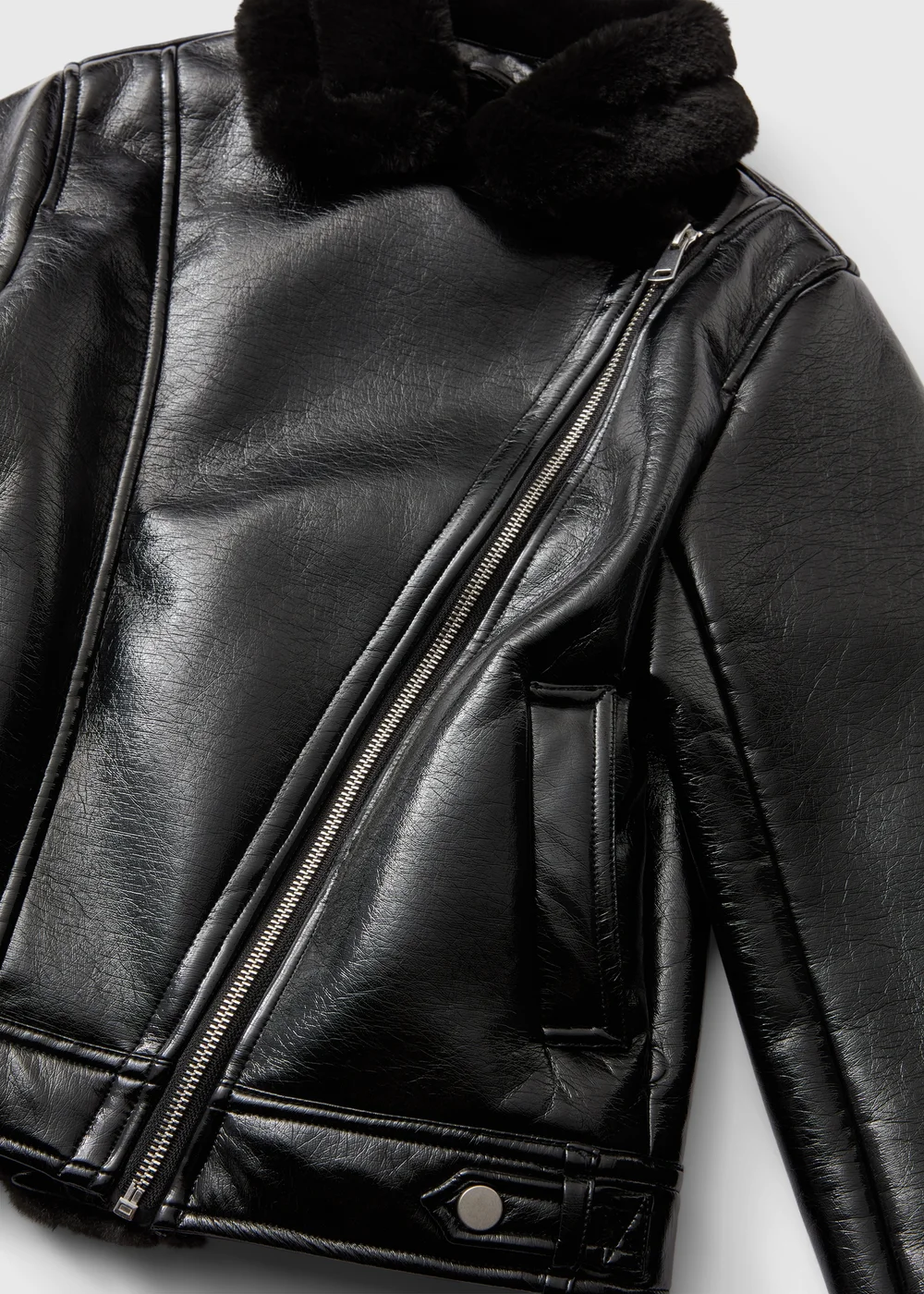 Girls Black Faux Leather Aviator Jacket (7-15 Yrs) - 7 Yrs Image 2