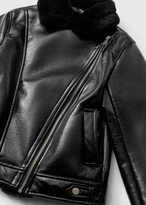Girls Black Faux Leather Aviator Jacket (7-15 Yrs) - 7 Yrs Image 2