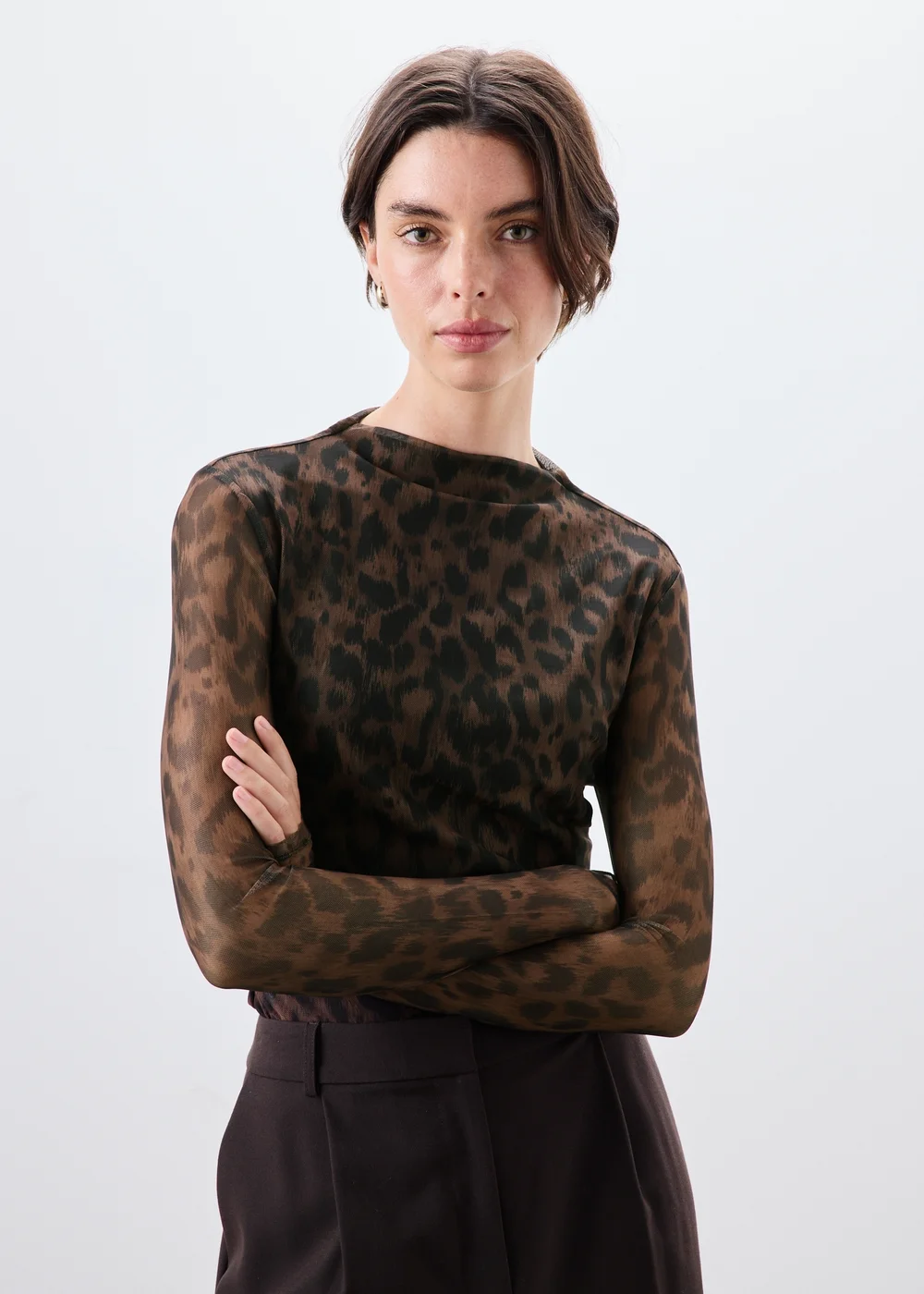 Brown Animal Print Mesh Top - 8 Image 1