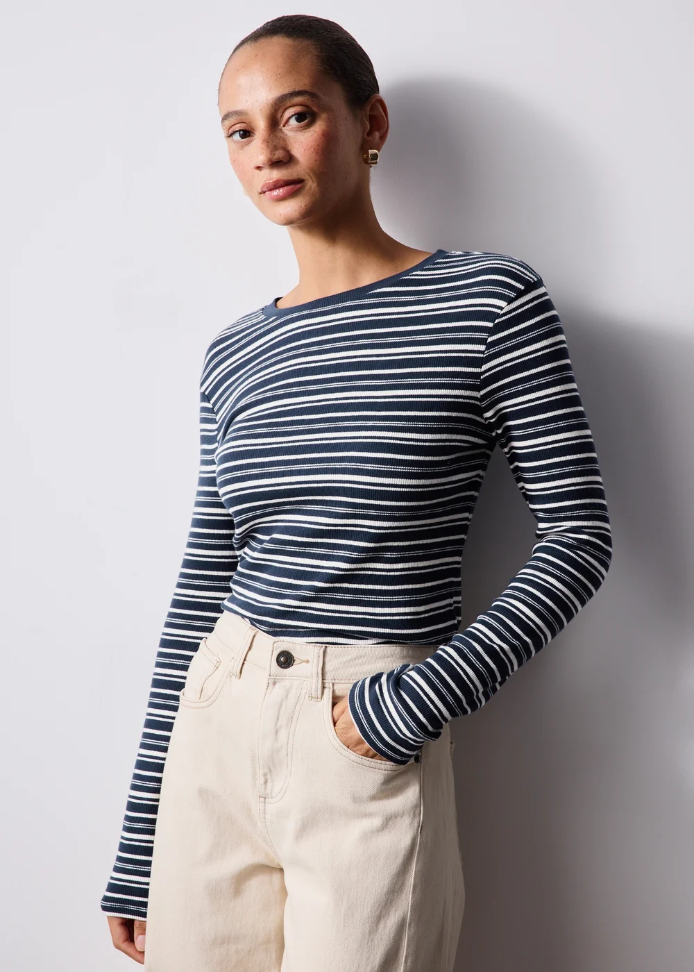 Navy Ribbed Striped Fitted Top - 8 Image 1