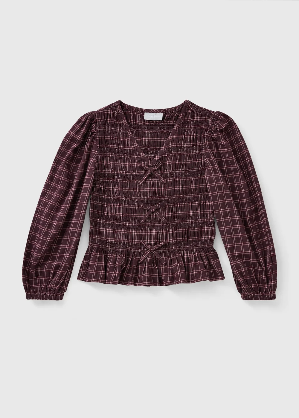 Girls Burgundy Shirred Check Top (7-15yrs) - 7 Yrs Image 1