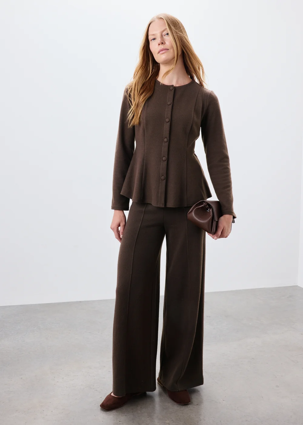 Chocolate Brown Soft Touch Wide Leg Co Ord Trousers - 12/L31 Image 3