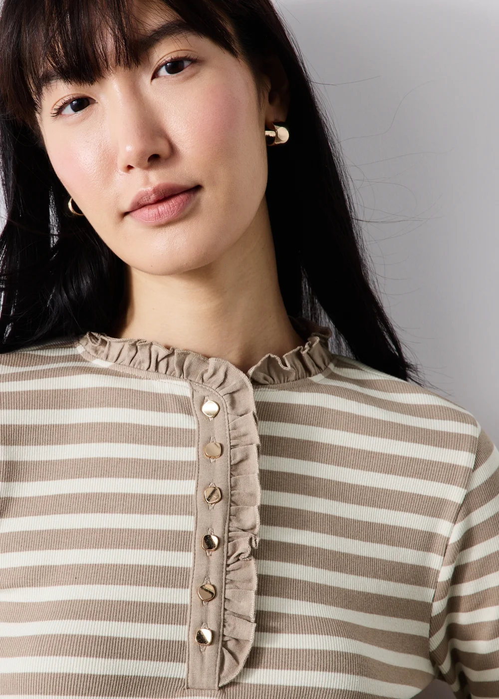 Cream Striped Frill Neck Henley Top - 8 Image 3