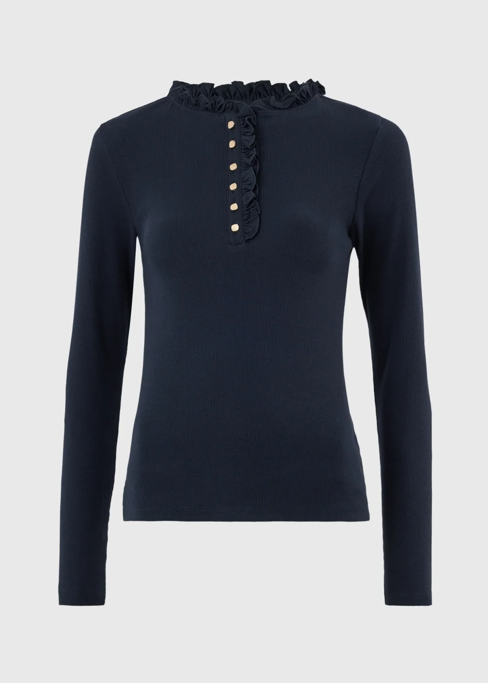 Navy Frill Neck Henley Top - 8 Image 1