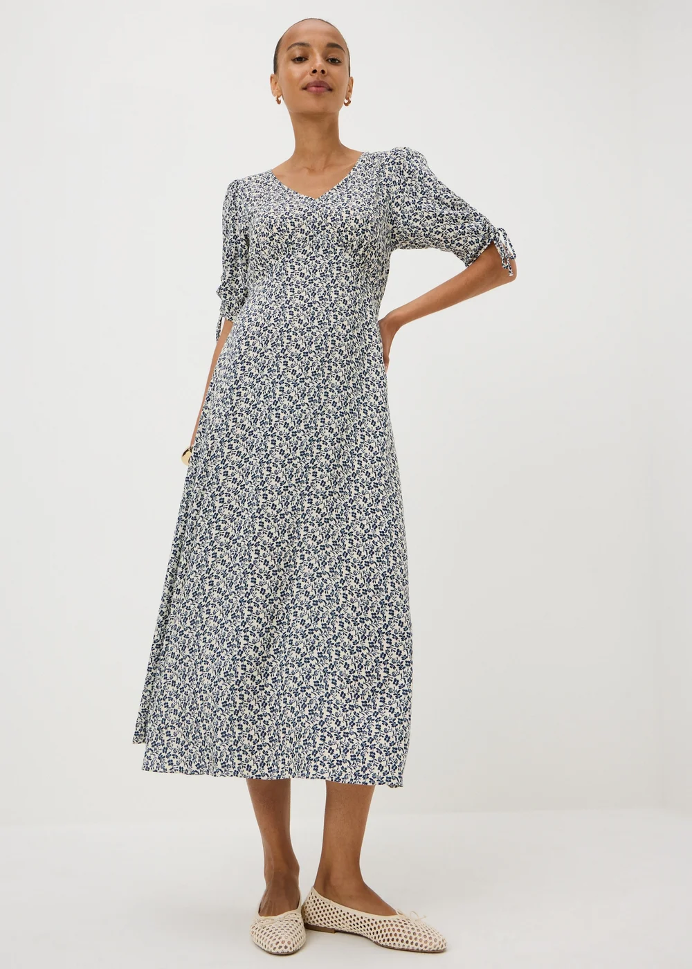Navy Floral Midi Tea Dress - 8 Image 1
