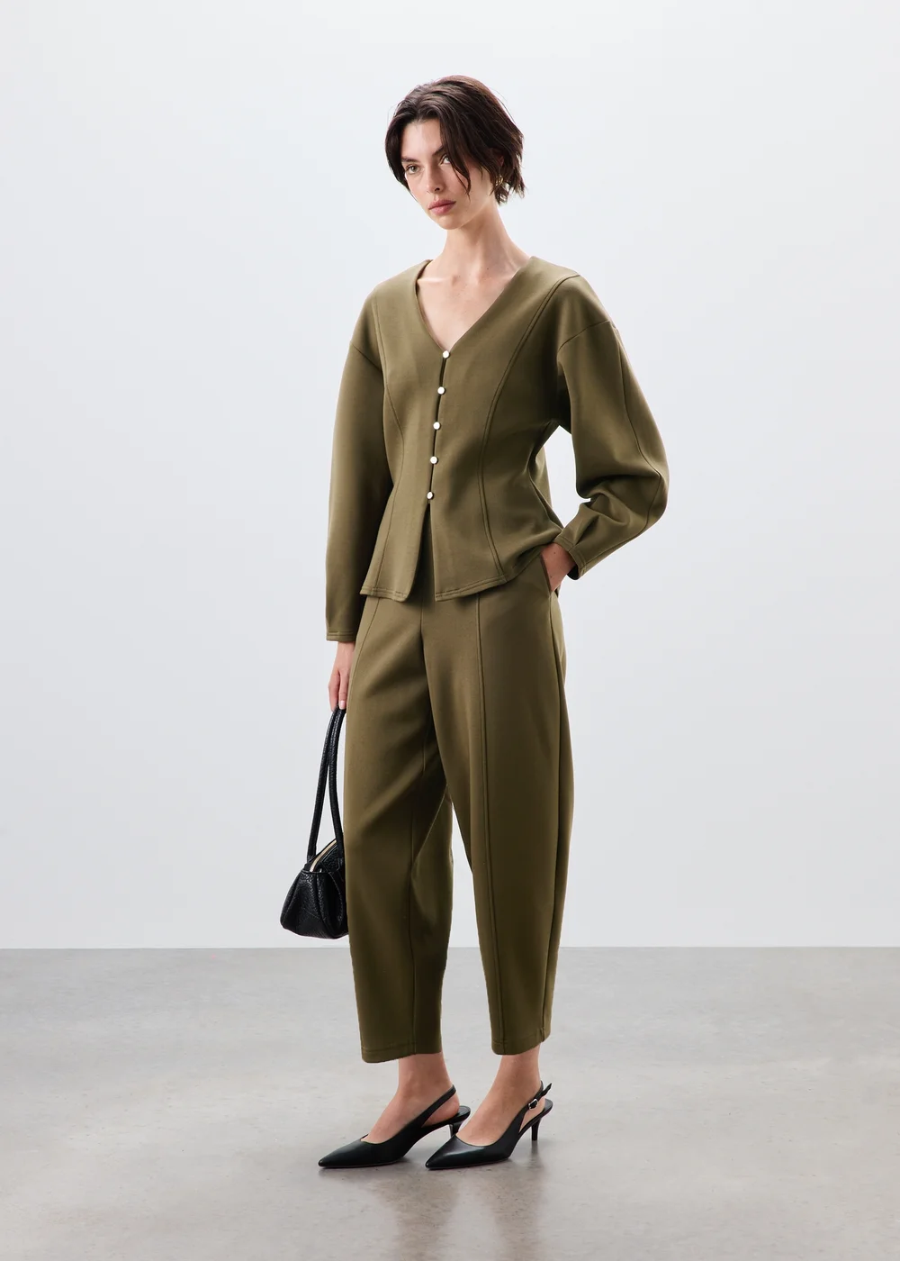 Khaki Barrel Leg Co Ord Trousers - 24/L29 Image 1