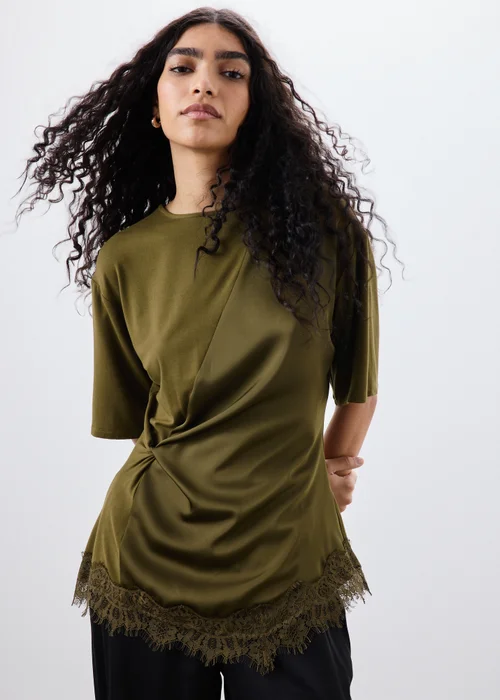 Dark Olive Satin Lace Twist Top - 8 Image 1