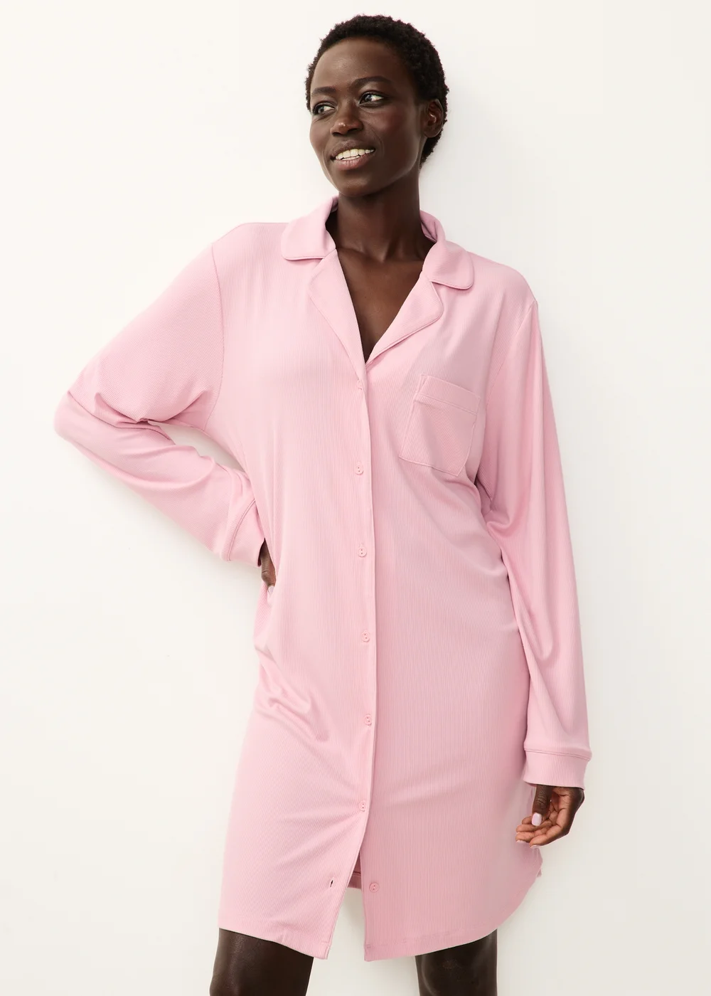 Pink Ribbed Traditional Nightie - XS Image 1