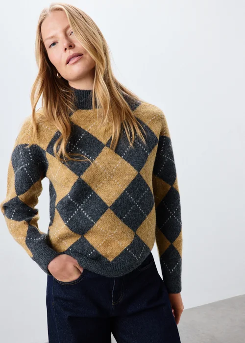 Camel Argyle Funnel Neck Jumper - XS Image 1