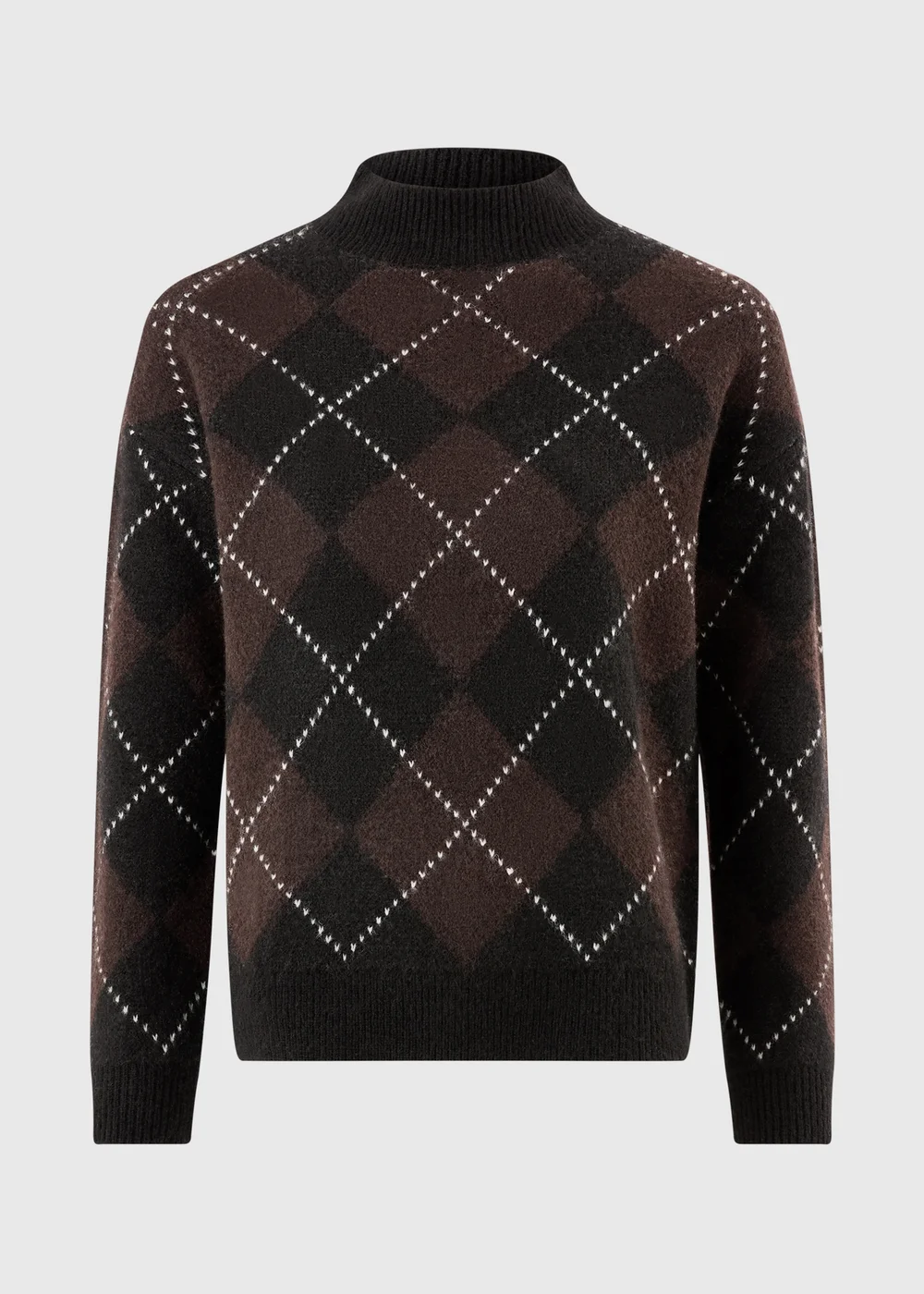 Chocolate Brown Argyle Funnel Neck Jumper - XS Image 5