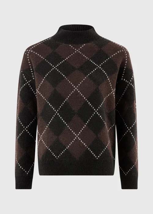 Chocolate Brown Argyle Funnel Neck Jumper - XS Image 5