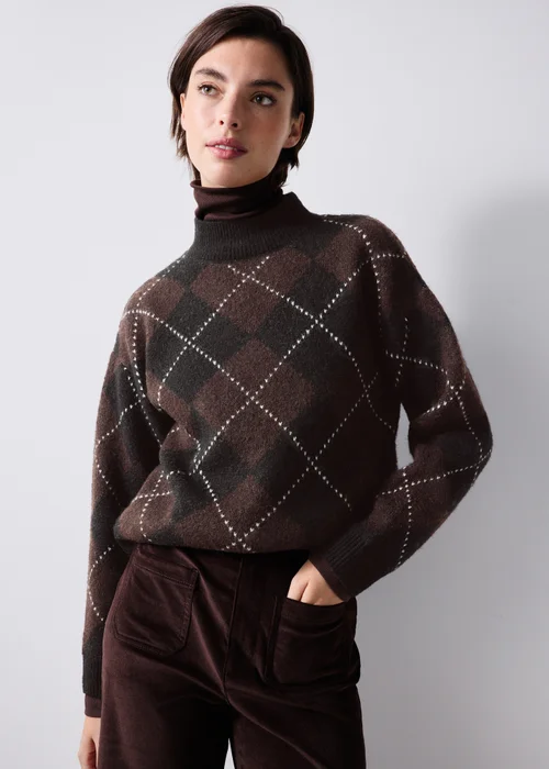 Chocolate Brown Argyle Funnel Neck Jumper - XS Image 1