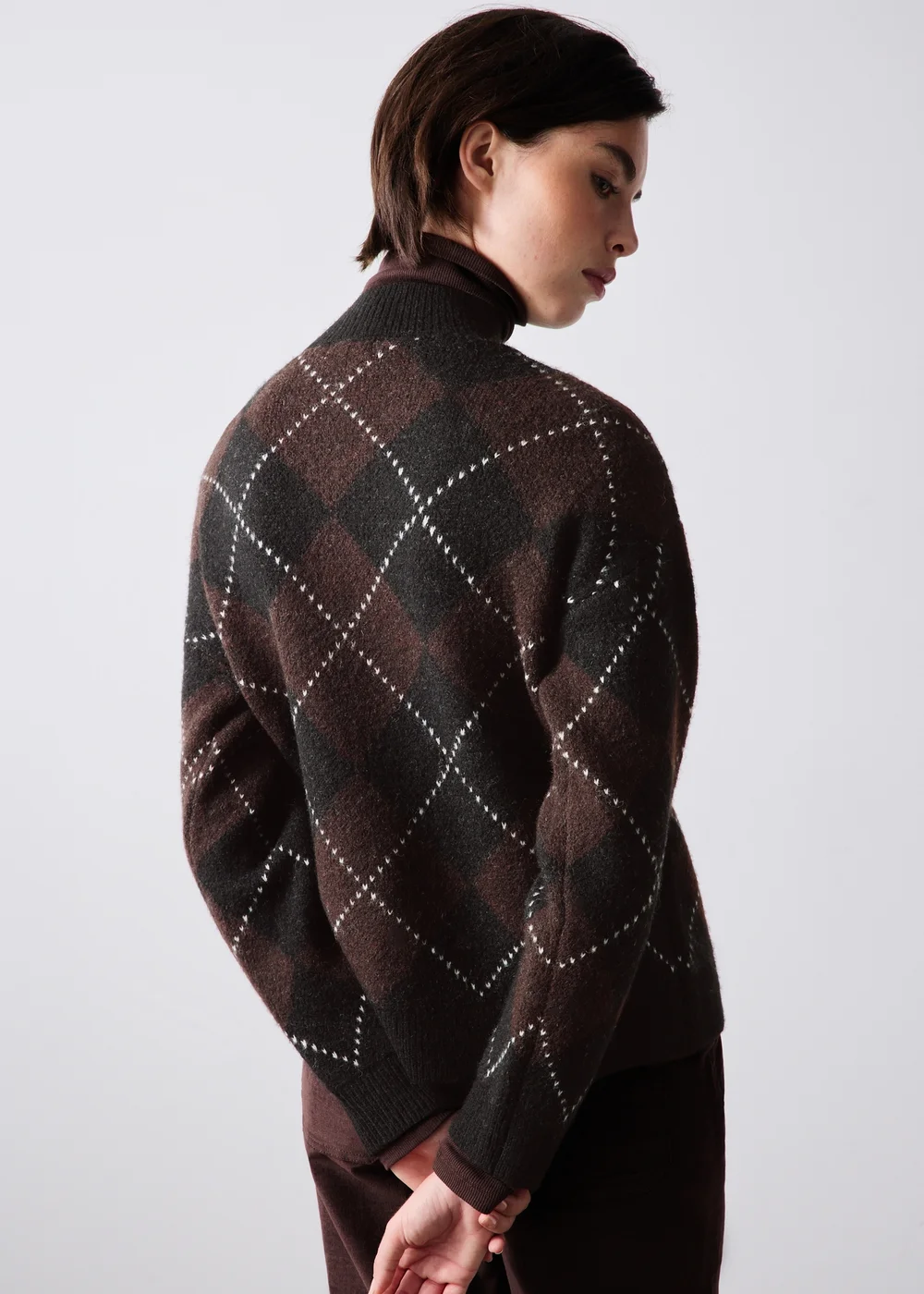 Chocolate Brown Argyle Funnel Neck Jumper - XS Image 3