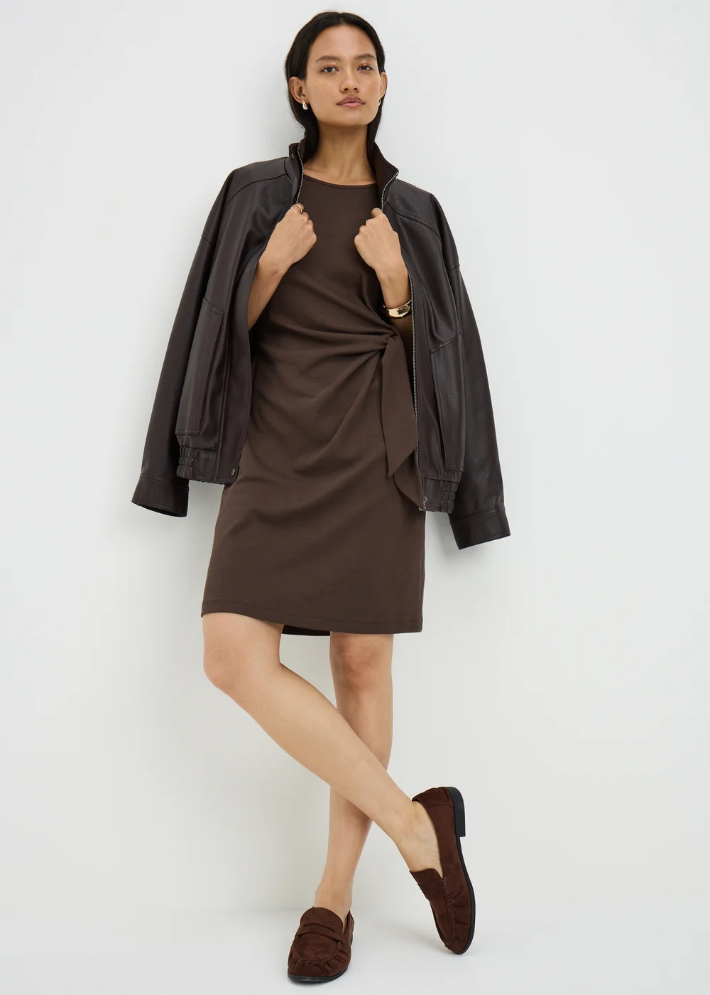 Chocolate Brown Tie Side Jersey Mini Dress - 10 Image 1