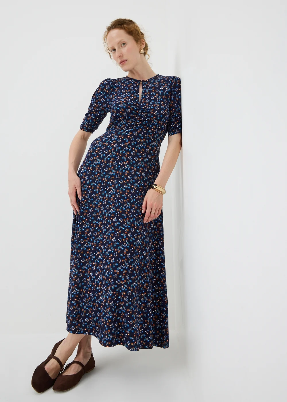 Navy Ditsy Floral Twist Front Midaxi Dress - 8 Image 1