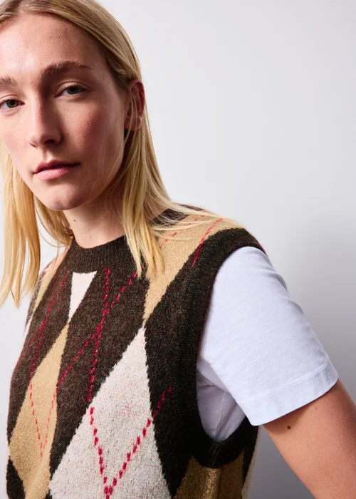 Neutral Brown Argyle Knitted Tank Top - XS Image 3