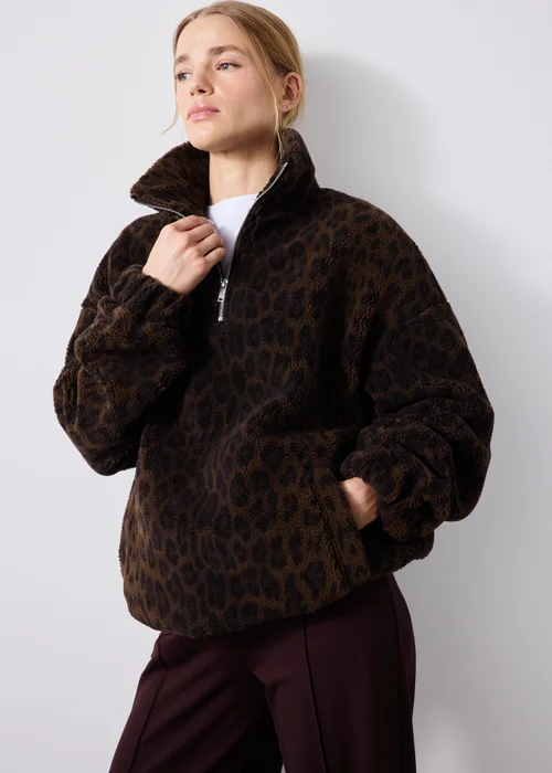 Brown Leopard Borg Half Zip Fleece - XS Image 1