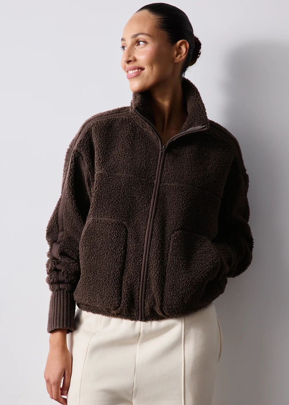 Chocolate Brown Tapered Borg Jacket - L Image 1