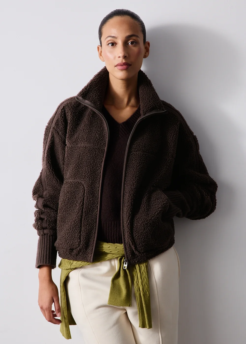 Chocolate Brown Tapered Borg Jacket - L Image 4