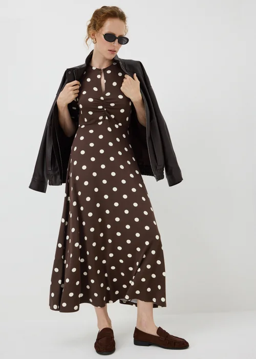 Chocolate Brown Polka Dot Twist Front Midaxi Dress - 8 Image 1