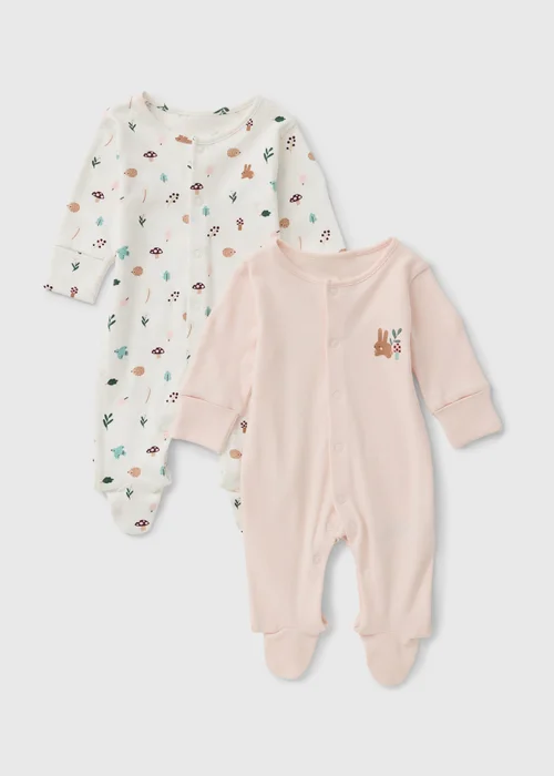2 Pack Baby Pink/Cream Forest Print Sleepsuits (0-23 Months) - First Size Image 1