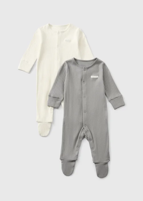 2 Pack Baby Grey/Cream Ribbed Sleepsuit (Newborn-23 mnths) - First Size Image 1