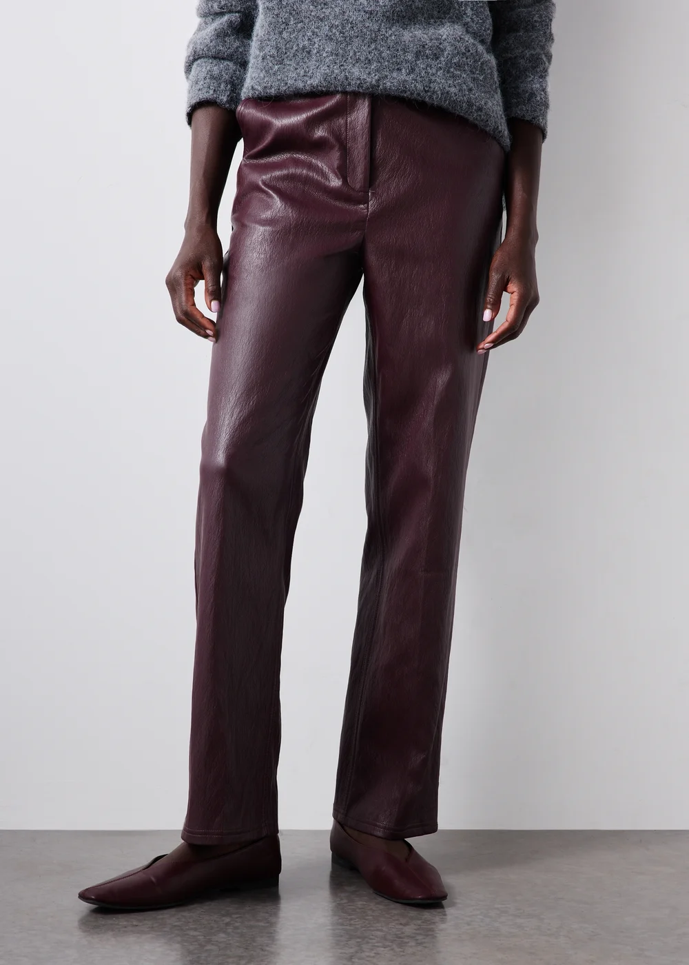 Burgundy Straight Cracked PU Straight Leg Trouser - 8/L29 Image 2
