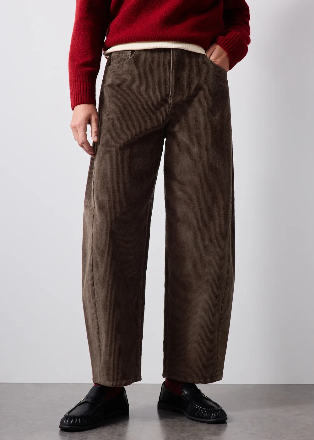 Chocolate Brown Cord Barrel Leg Trousers - 8/L29 Image 2