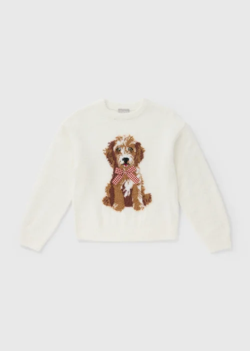 Girls Cream Knitted Dog Jumper (7-15yrs) - 7 Yrs Image 1
