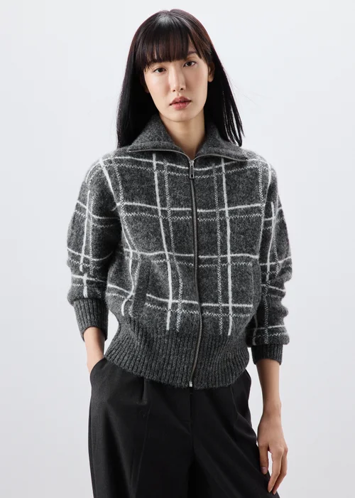Grey Check Zip Through Cardigan - S Image 1