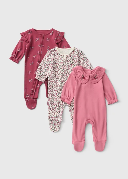 3 Pack Baby Pink Floral Sleepsuits (Newborn-18 mnths) - First Size Image 1