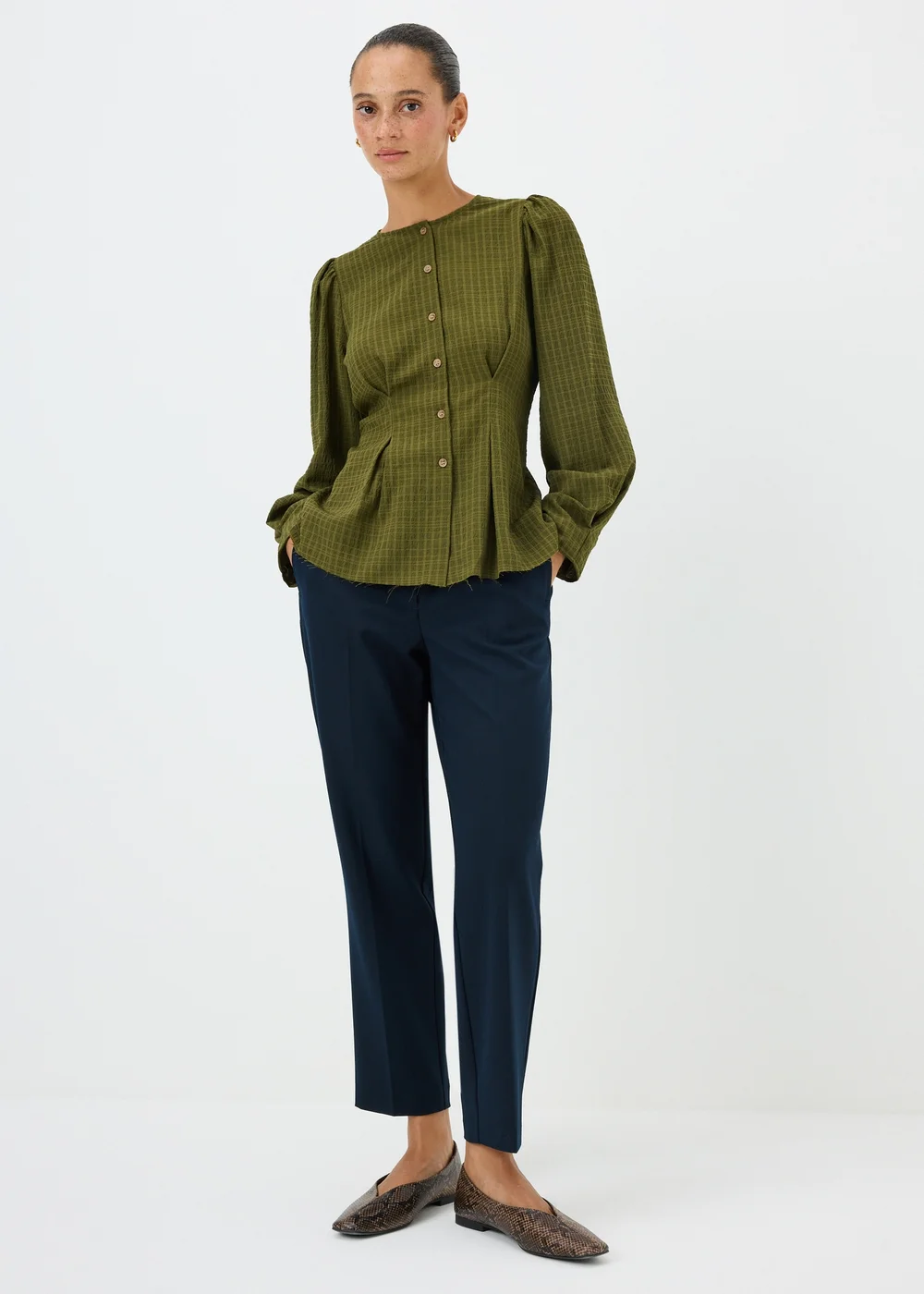 Khaki Cinched Button Through Blouse - 20 Image 1