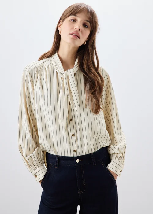 Cream Stripe Neck Detail Blouse - 8 Image 1