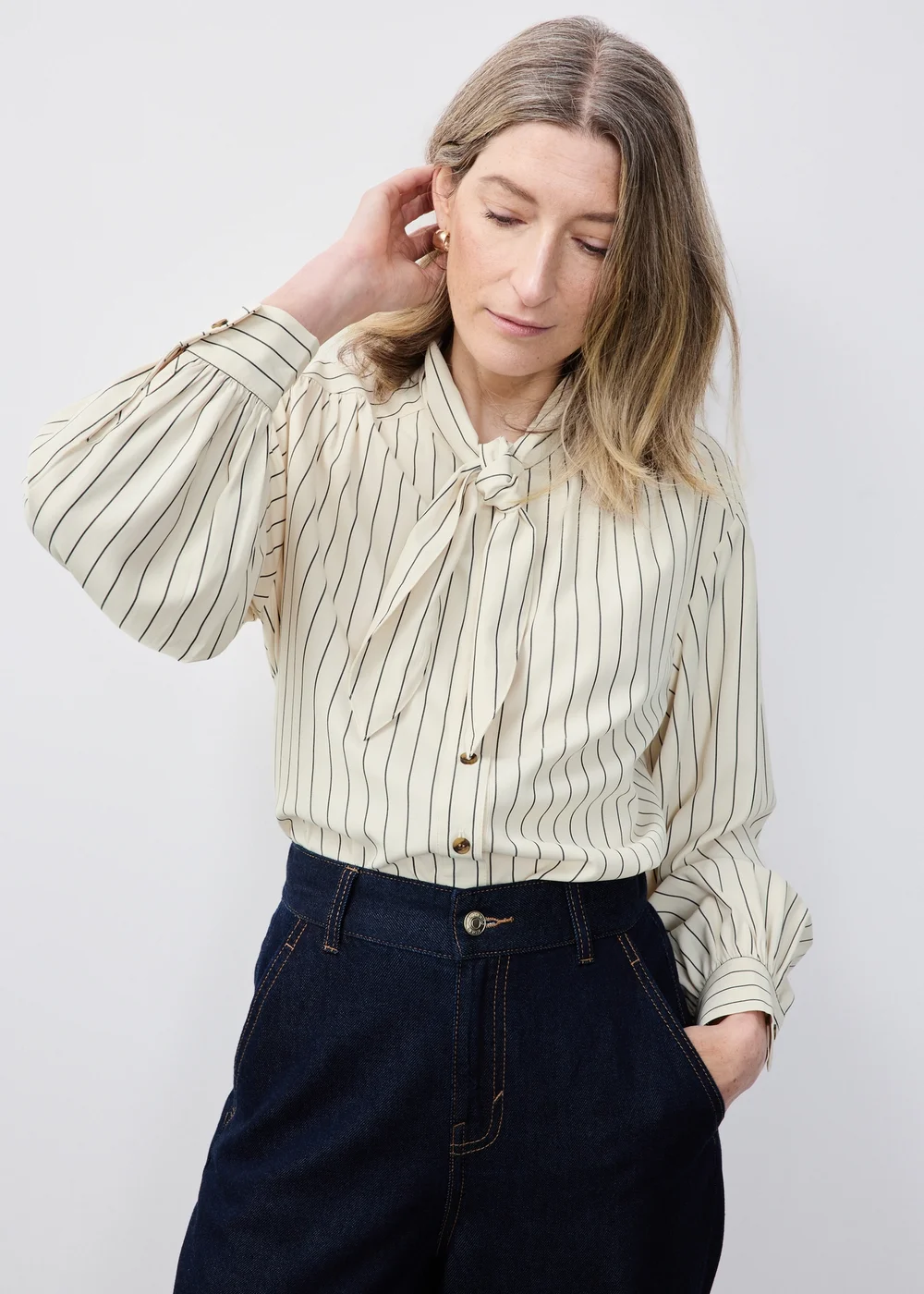 Cream Stripe Neck Detail Blouse - 8 Image 3