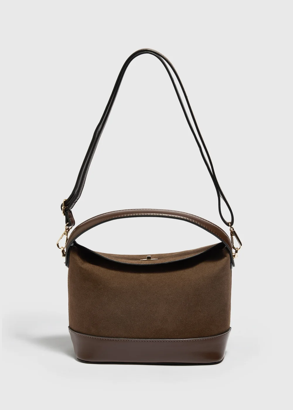 Brown Suede Twist Lock Crossbody Bag - One Size Image 1