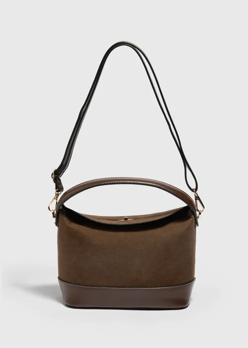 Brown Suede Twist Lock Crossbody Bag - One Size Image 1