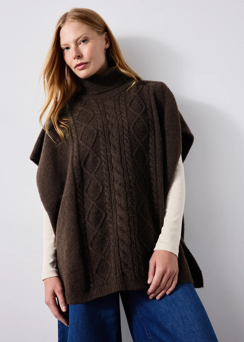 Brown Cable Knit Poncho - One Size Image 1