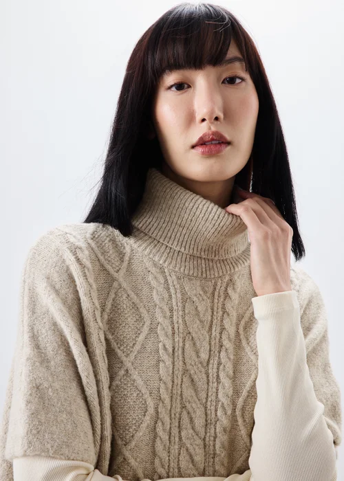 Oatmeal Cable Knit Poncho - One Size Image 3