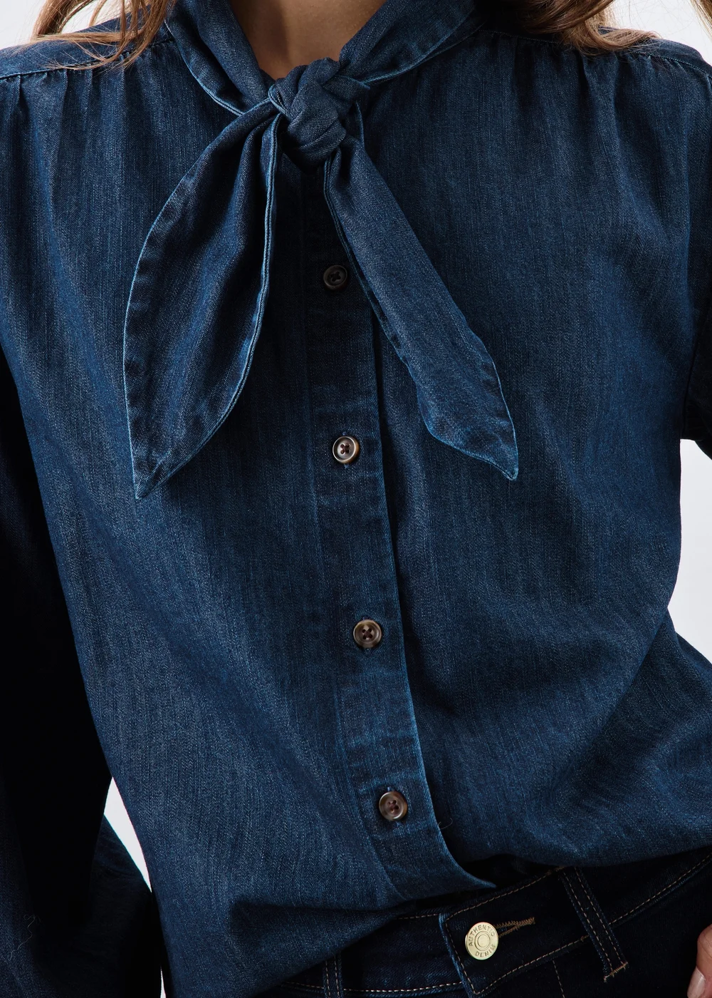 Blue Denim Tie Neck Detail Blouse - 8 Image 3