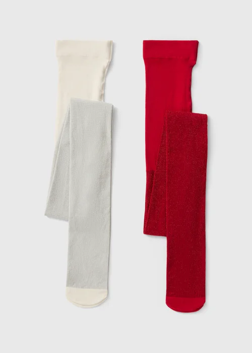 2 Pack Girls Red/Cream Christmas Tights (2-11yrs) - 2-3 Yrs Image 1