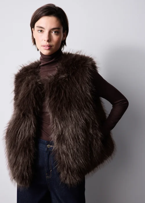 Chocolate Faux Fur Collarless Gilet - S Image 1