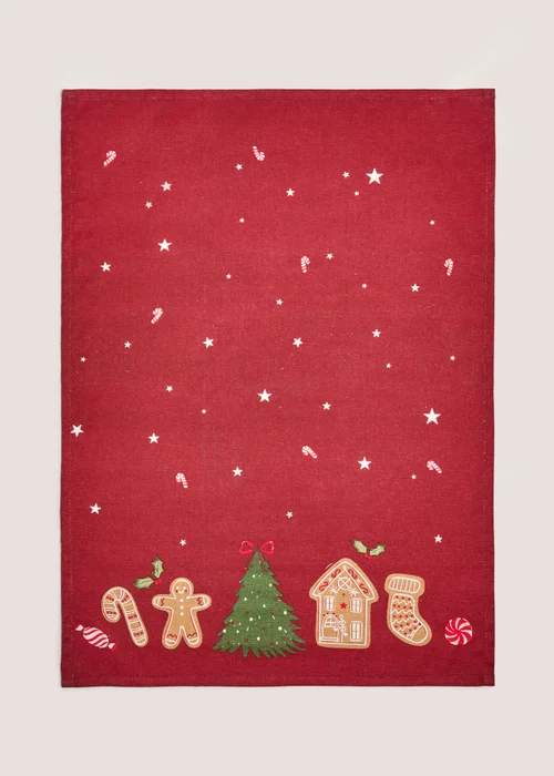 Red Gingerbread Christmas Tea Towel Image 1